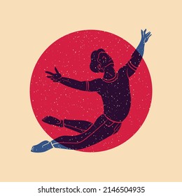 Inviting, flying, dancing guy, boy, man. The concept of freedom, movement, life and joy. Colorful cute screen printing effect. Riso print effect. Vector illustration. 