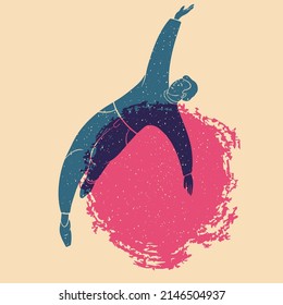 Inviting, flying, dancing guy, boy, man. The concept of freedom, movement, life and joy. Colorful cute screen printing effect. Riso print effect. Vector illustration. 