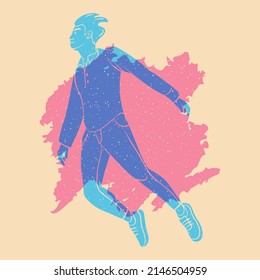 Inviting, flying, dancing guy, boy, man. The concept of freedom, movement, life and joy. Colorful cute screen printing effect. Riso print effect. Vector illustration. 