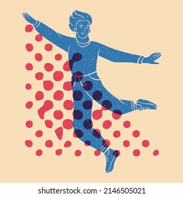 Inviting, flying, dancing guy, boy, man. The concept of freedom, movement, life and joy. Colorful cute screen printing effect. Riso print effect. Vector illustration. 