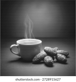 Convidando a ilustração de meio-tom de café e lanches para o café da manhã e temas de descanso matinal. Perfeito para menus de café, promoções de padaria e conteúdo de rotina matinal estilo de vida.