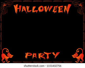 Inviting to Halloween party with bright orange lettering, cats and decorative frame on the black background, vector hand drawing