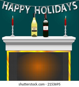 Inviting holiday festivities scene, complete with candles, fireplace, & highly detailed wine.