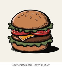 An inviting  illustration of a classic hamburger, featuring a toasted bun, juicy patty, melted cheese, crisp lettuce, and sliced tomato rendered in simple, flat colors on a clean white background