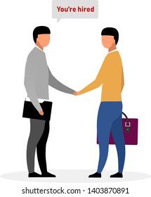 Inviting new employee flat vector illustration. HR expert hiring applicant for vacancy. Cartoon recruiting agent informing jobseeker about employment decision. Handshake after successful interview