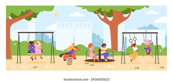 Una atractiva escena de parque se desarrolla con niños y un anciano disfrutando de varios equipos de parque infantil, todo bajo un cielo claro en esta atractiva ilustración vectorial