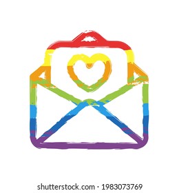 Inviting postcard, envelope with letter. Drawing sign with LGBT style, seven colors of rainbow (red, orange, yellow, green, blue, indigo, violet