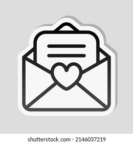 Inviting postcard, envelope with letter. Linear sticker, white border and simple shadow on gray background