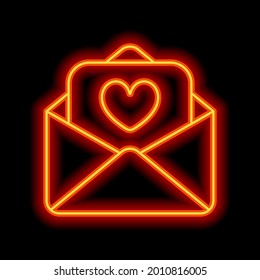 Inviting postcard, envelope with letter. Orange neon style on black background. Light linear icon with editable stroke