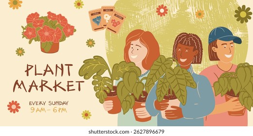 Vetor promocional convidativo para um mercado de plantas com pessoas segurando plantas em vasos, pétalas delicadas e fundo intrincado. Anúncio visual atraente para feiras de jardim e eventos botânicos.