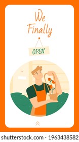 Inviting social media story template for a flower shop opening announcement with friendly male florist decorates the facade of the shop with flowers in a basket. Small bussiness or family bussiness.