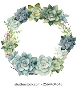 Inviting and tranquil wreath composition of vibrant succulents and lush greenery in a harmonious circular vector design. Colorful and serene watercolor arrangement for decoration, backgrounds