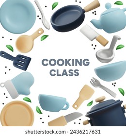 Ilustración vectorial atractiva con una variedad de utensilios de cocina, incluyendo ollas, sartenes, tetera y cubiertos, dispuestos alrededor de las palabras COOKING CLASS , ideal para la educación culinaria