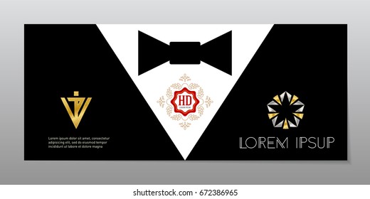 Inviting for very important people. Tuxedo and tie. VIP invitation to the awards ceremony. Vector premium invitation card, poster or flyer with monogram