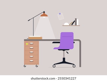 Um espaço de trabalho convidativo apresenta uma mesa elegante adornada com uma cadeira colorida, uma lâmpada elegante e prateleiras organizadas, criando um ambiente propício à criatividade e à produtividade