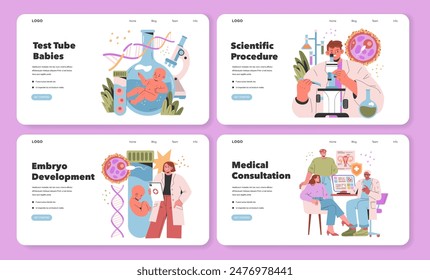 In-vitro Fertilization set. Exploring the journey from lab conception to family discussions. Test tube baby creation, scientific research, embryo growth, patient consultation. Vector illustration.