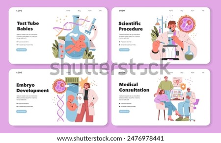 In-vitro Fertilization set. Exploring the journey from lab conception to family discussions. Test tube baby creation, scientific research, embryo growth, patient consultation. Vector illustration.