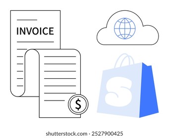 Invoice alongside cloud icon and online shopping bag Ideal for ecommerce features cloud computing digital transactions invoicing online shopping business efficiency and paperless solutions Flat
