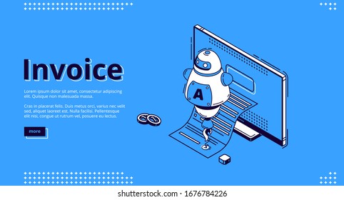 Invoice banner. Security digital payment concept. Vector landing page of electronic finance with isometric icon of computer monitor with receipt and assistant chat bot