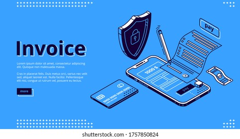 Cartel de la factura. Concepto de pago móvil de seguridad. Página de aterrizaje de vectores de finanzas electrónicas con icono isométrico de la tarjeta bancaria virtual, recibo de firma y escudo con signo de bloqueo