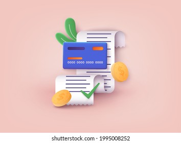 Invoice, bill icon suitable for info graphics. Payment of utility, bank, restaurant and other bill. 3D Web Vector Illustrations.