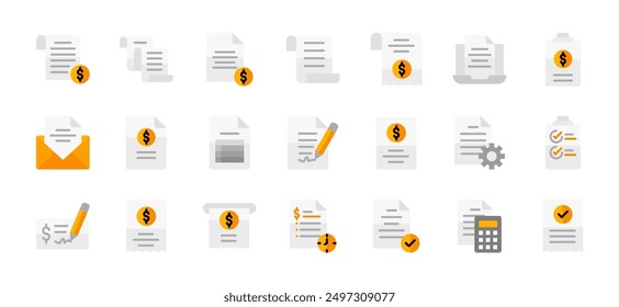 Invoice, bill, receipt, tax and payment icon set vector illustration symbol concept editable stroke and isolated on white background. simple flat vector 