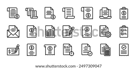 Invoice, bill, receipt, tax and payment icon set vector illustration concept editable stroke and isolated on white background simple line vector symbol