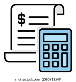 invoice, bill, tax document with a dollar sign and a calculator alongside round line vector Fill color icon with editable stroke 