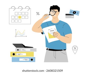 Invoice bills payment. Personal finances, loans and debt. Man paying credit, mortgage, taxes. Vector illustration on isolated white background.	
