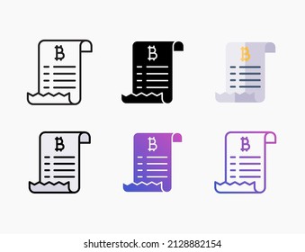 Icono de transacción de bitcoin de factura con línea, contorno, plano, relleno, glifo, color, gradiente. Actrazo editable y píxel perfecto. Se puede usar para productos digitales, presentación, diseño de impresión y más.