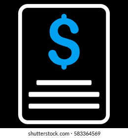 Invoice Budget vector icon. Illustration style is a flat iconic bicolor blue and white symbol on black background.