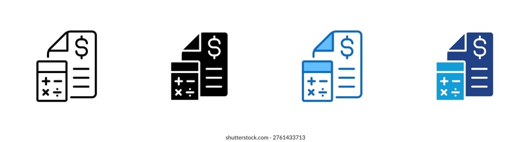 Invoice Calculation Multiple Style Icon Design Vector - Invoice document with calculator representing billing calculation, expense management, and financial processing