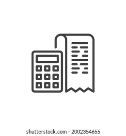 Icono de línea de calculadora de facturas. signo de estilo lineal para concepto móvil y diseño web. Icono de vector de contorno de acuse de recibo y calculadora de banco. Símbolo, ilustración del logotipo. Gráficos vectoriales