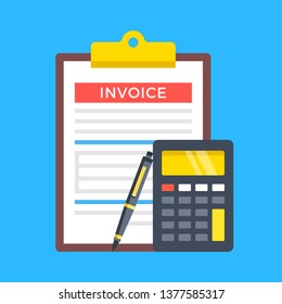 Invoice, calculator and pen. Flat design. Vector illustration
