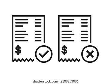 Invoice with check mark and cross sign. Vector illustration
