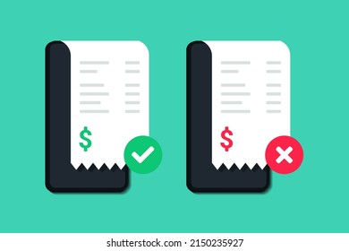 Invoice with check mark and cross sign on mobile phone screen. Paper invoice, shopping cash bill slip, buying tax transaction service. Vector illustration