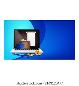 Documento Comercial De Factura Para Vector De Pago. Factura Financiera De Factura Por Servicio De Pago O Producción. Portátil Con Recepción En Pantalla, Dinero Y Tarjeta. Página de inicio de plantilla Ilustración 3d realista