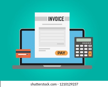 Invoice computer concept. Online payment using laptop. Calculator and credit card on green background. Paying taxes online. Digital banking. Vector illustration.