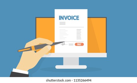 Invoice concept. Hand signs a document. Financial document containing bill. Payment terms. Flat vector illustration