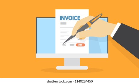 Invoice concept. Hand signs a document. Financial document containing bill. Payment terms. Flat vector illustration