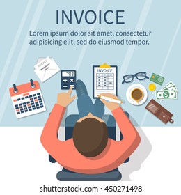 Invoice concept. Man at table, calculations on payment, bills, receipts, invoices. Flat design, abstract vector illustration. Accounting checking. Paperwork, calculation. Money counting.