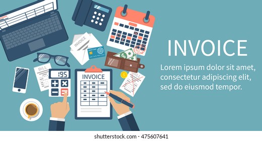 Invoice Concept. Man At Table, Calculations On Payment, Bills, Receipts, Invoices. Flat Design, Abstract Vector Illustration. Accounting Checking. 