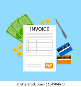 Invoice concept. Signing financial document containing bill. Payment terms. Flat vector illustration