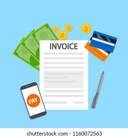 Invoice concept. Signing financial document containing bill. Payment terms. Flat vector illustration