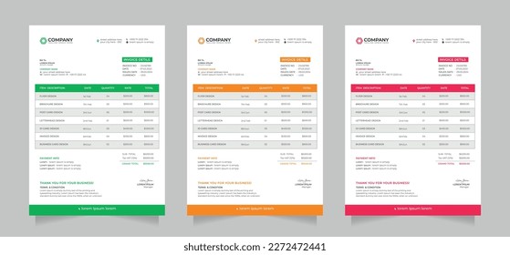 Invoice creative modern corporate vector template design with 3 color variation.