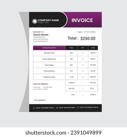 Invoice design, business invoice, creative modern invoice vector design premium template