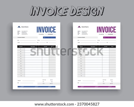 Invoice Design. Business invoice form template. Invoicing quotes, money bills or pricelist and payment agreement design templates. Tax form, 
bill graphic or payment receipt.