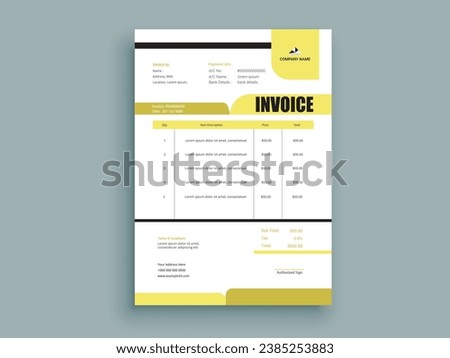 Invoice Design. Business invoice form template. Invoicing quotes, money bills or pricelist and payment agreement design templates. Tax form, 
bill graphic or payment receipt.