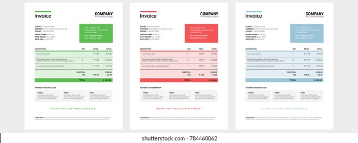 Invoice design template set - business company - green, red, blue color - vector