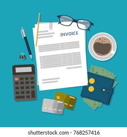 Invoice desk top view with documents, calculator and coffee.